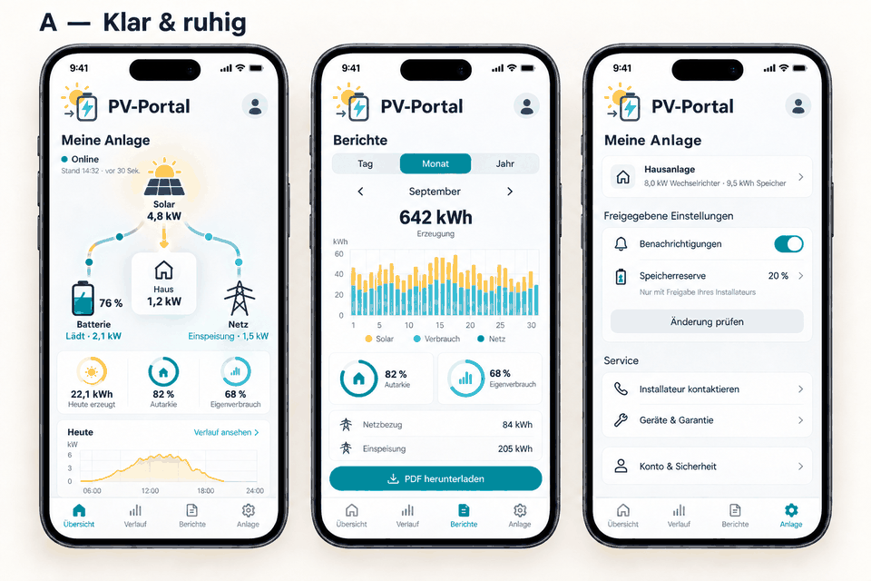 Vorabdesign der PV-Portal App im hellen Modus ohne Jahresangabe